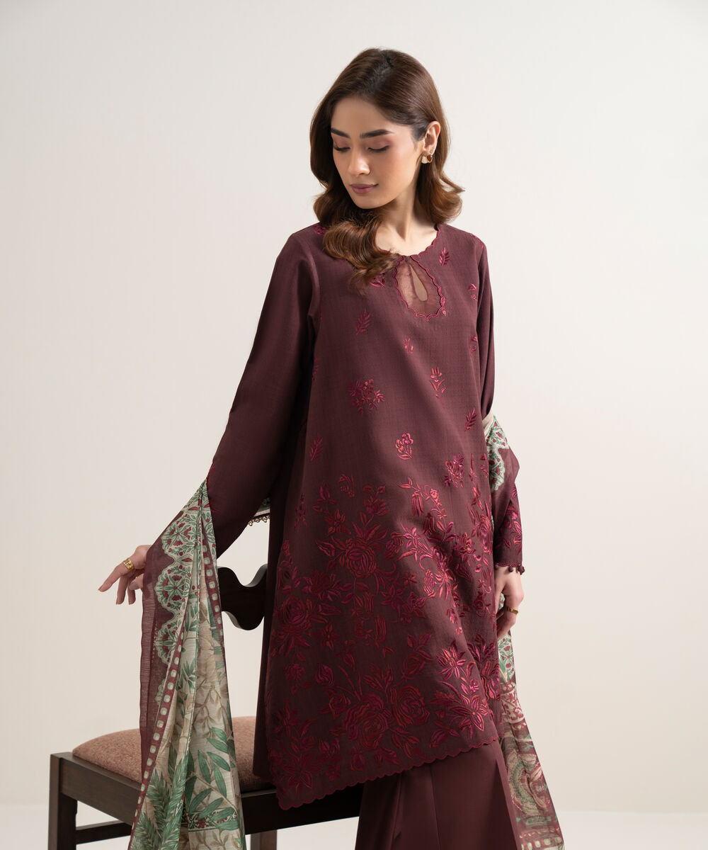 Women's Unstitched Dobby Embroidered Red 3 Piece Suit