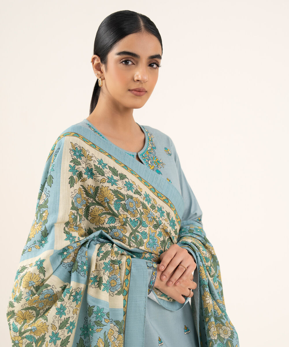 Women's Unstitched Textured Cotton Embroidered Blue 2 Piece Suit