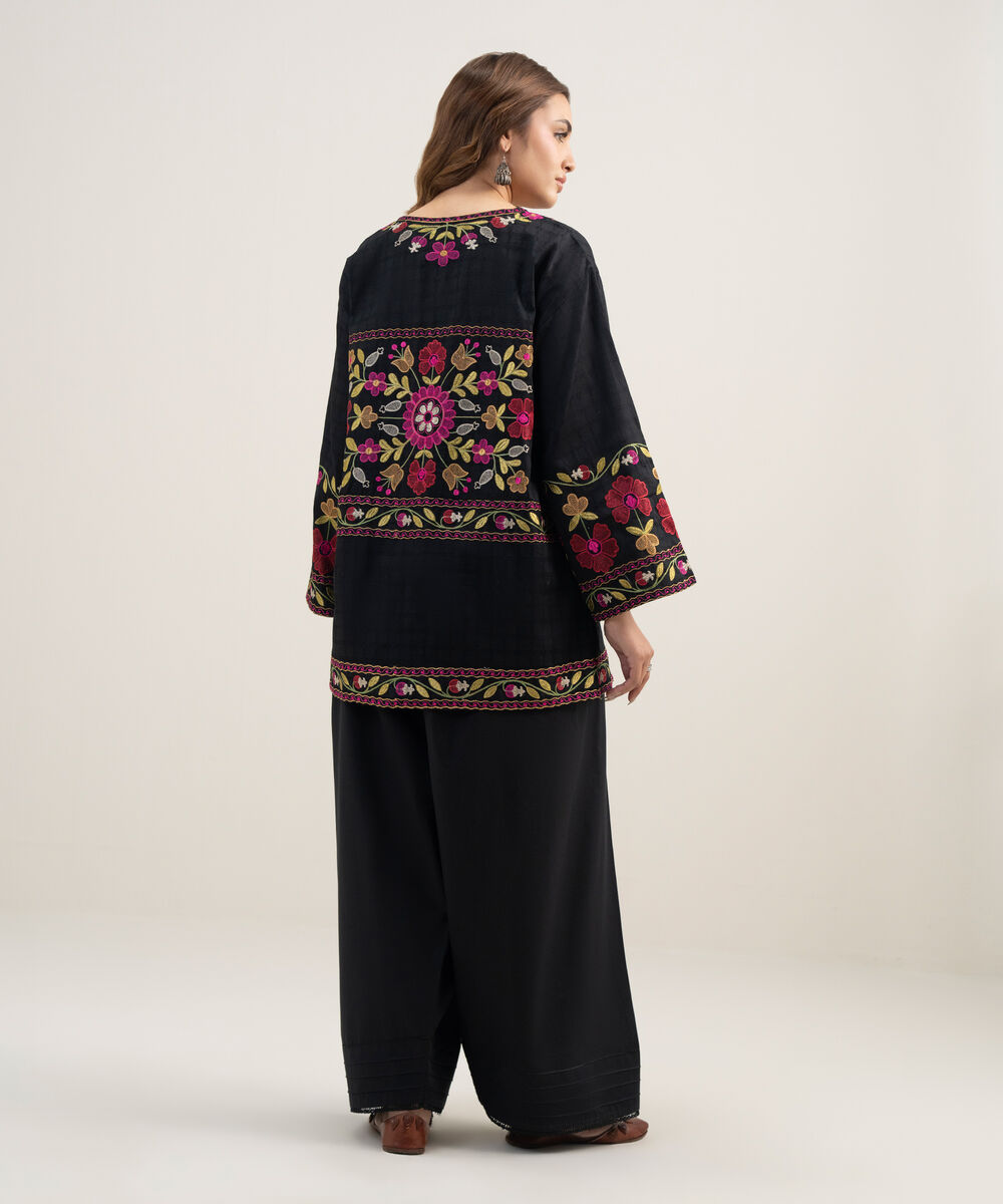 Women's RTW Dobby Embroidered Black Drop Shoulder Shirt