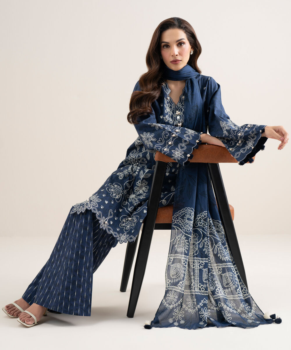 Women's Unstitched Lawn Embroidered Blue 3 Piece Suit