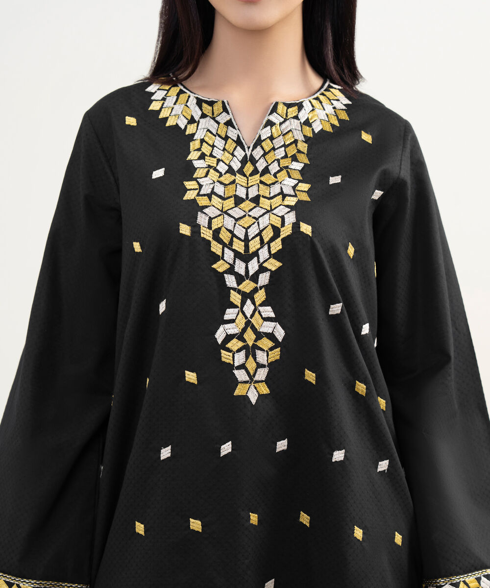 Women's RTW Dobby Embroidered Black Straight Shirt