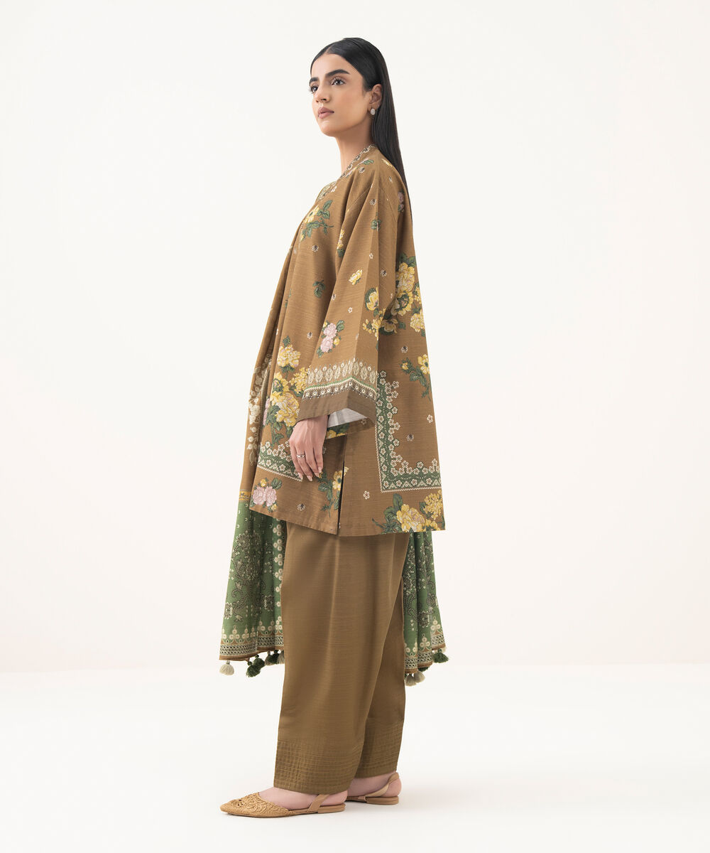 Women's Unstitched Light Khaddar Embroidered Brown 3 Piece Suit