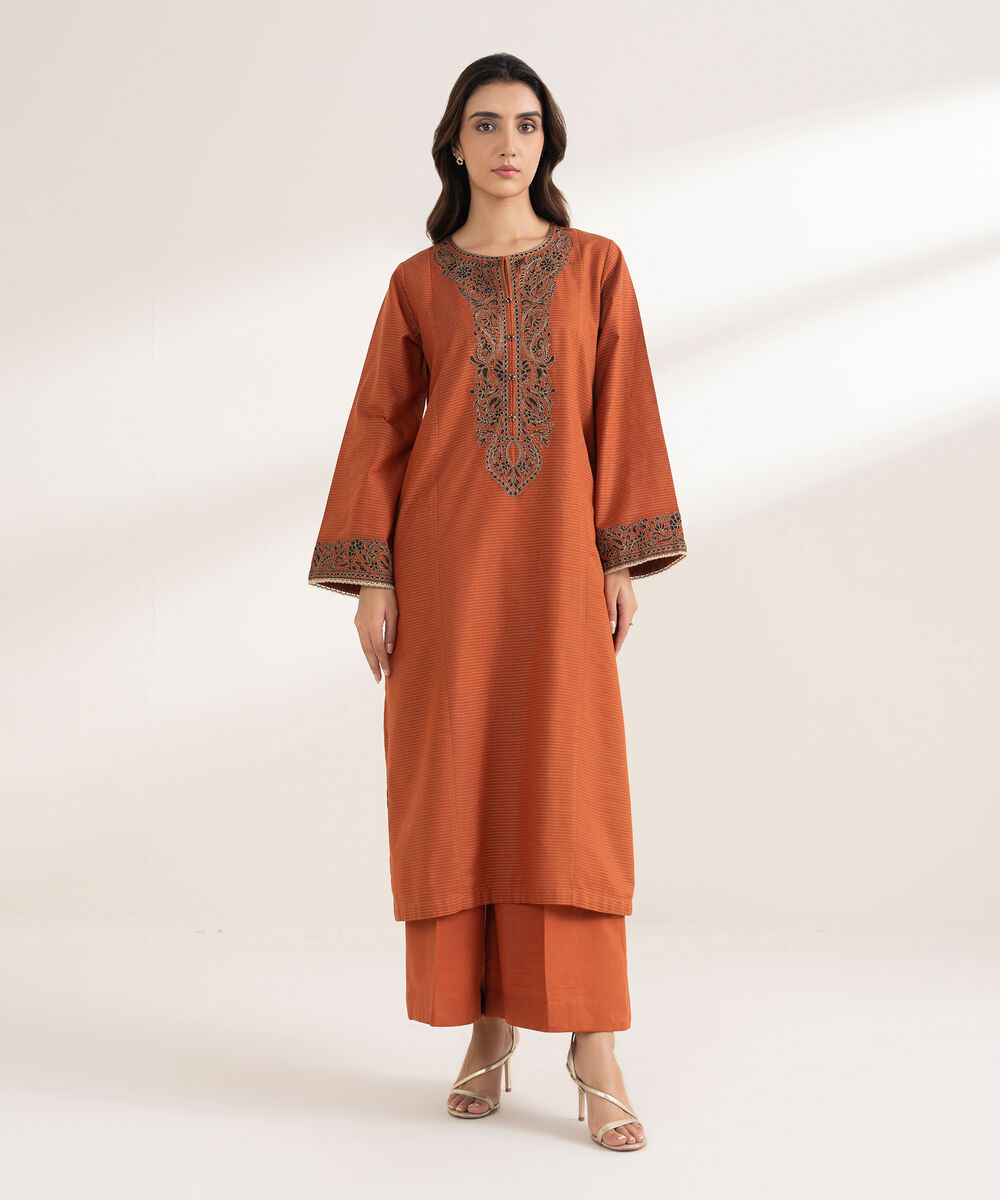Women's RTW Zari Cotton Embroidered A-Line Rust Shirt