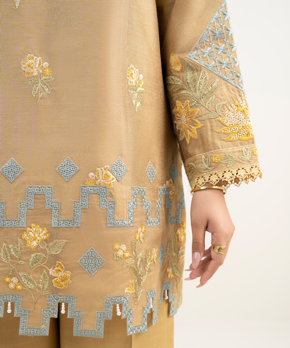 Women's RTW Silk Cotton Net Embroidered Golden 2 Piece Suit