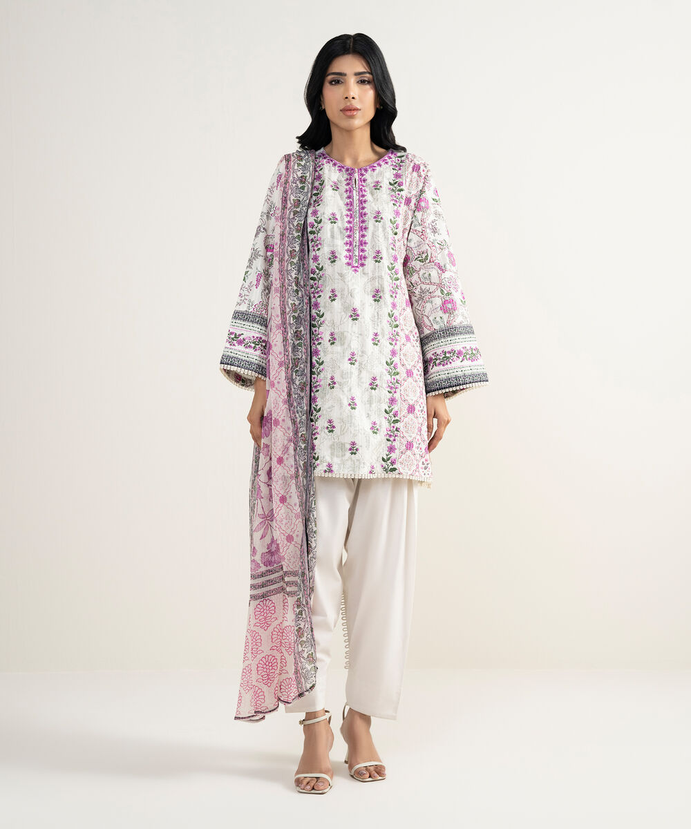 Women's RTW Cotton Embroidered Off White 3 Piece Suit