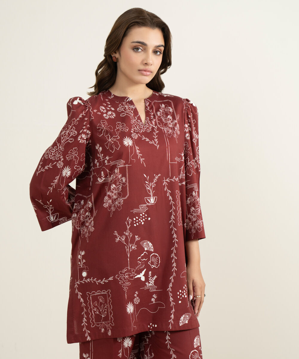 Women's RTW Cotton Viscose Printed Maroon Straight Shirt