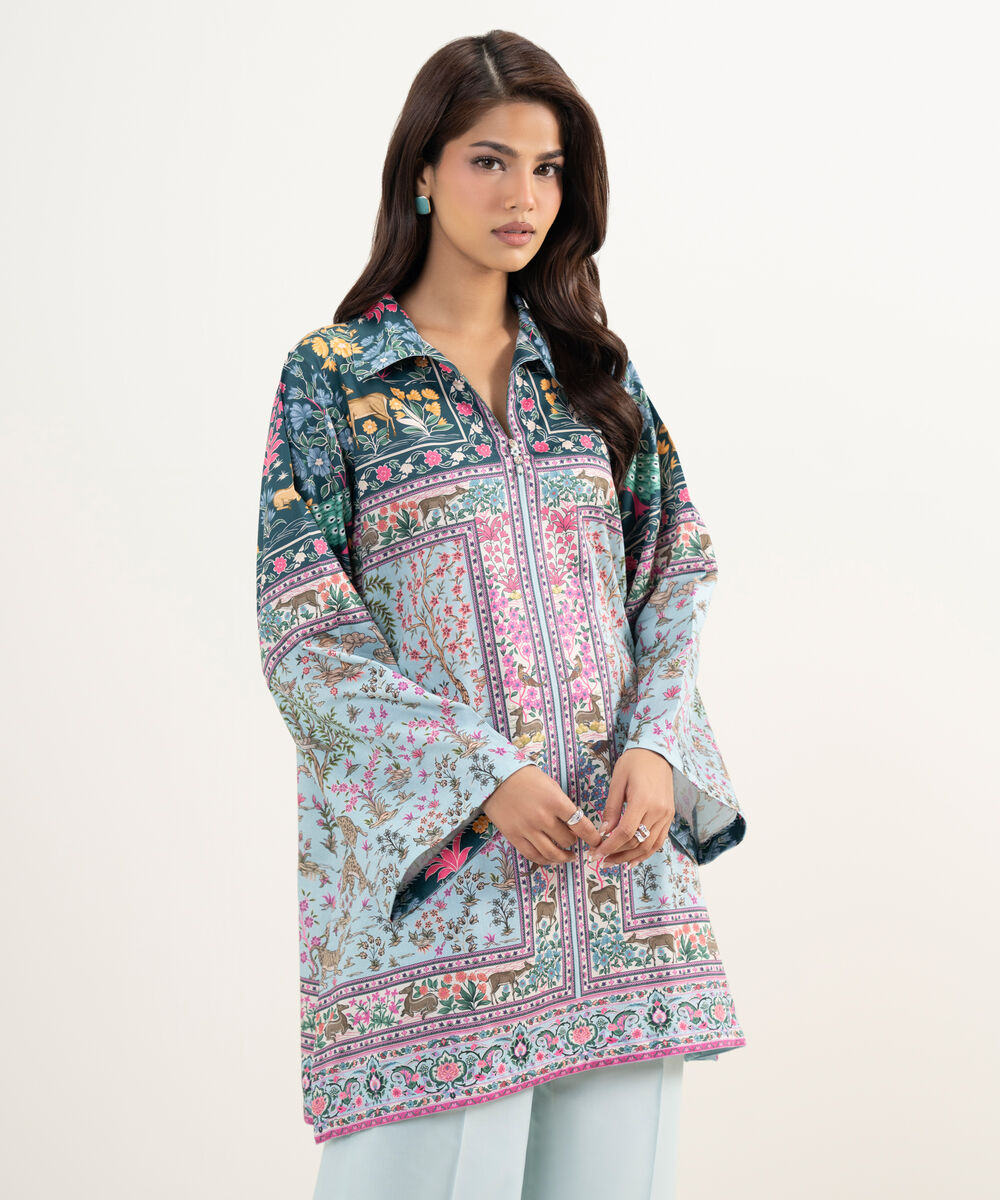 Women's RTW Premium Visocose Satin Printed Blue Straight Shirt