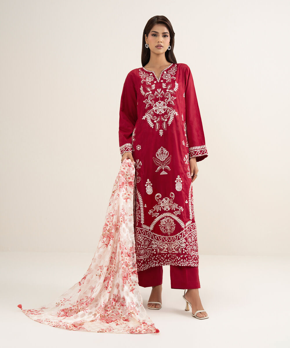 Women's RTW Self Jacquard Embroidered Red A-Line Shirt