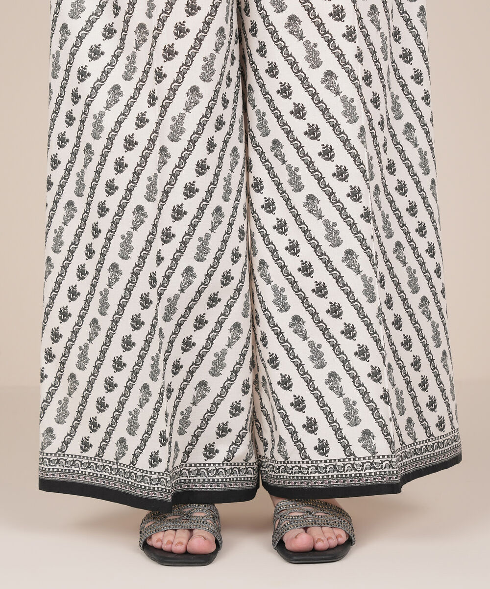 Women's RTW Cambric White Printed Flared Pants