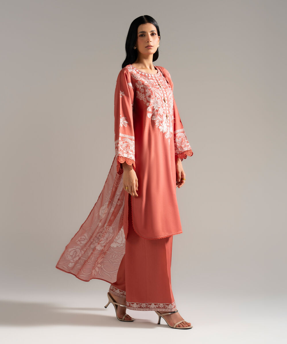 Women's RTW Dobby Crepe Embroidered Pink 3 Piece Suit