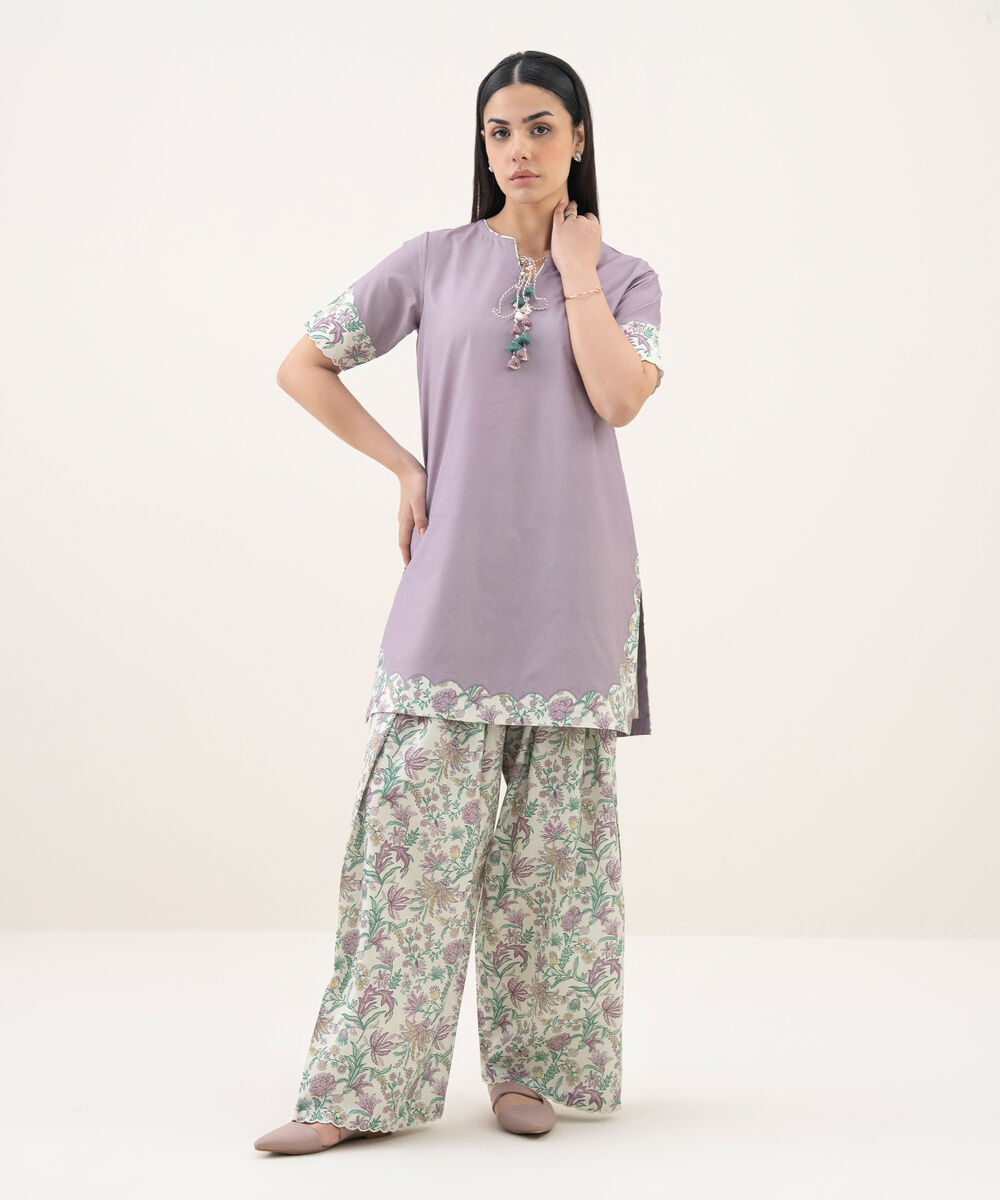 Women's Unstitched Cotton Printed Purple 2 Piece Suit