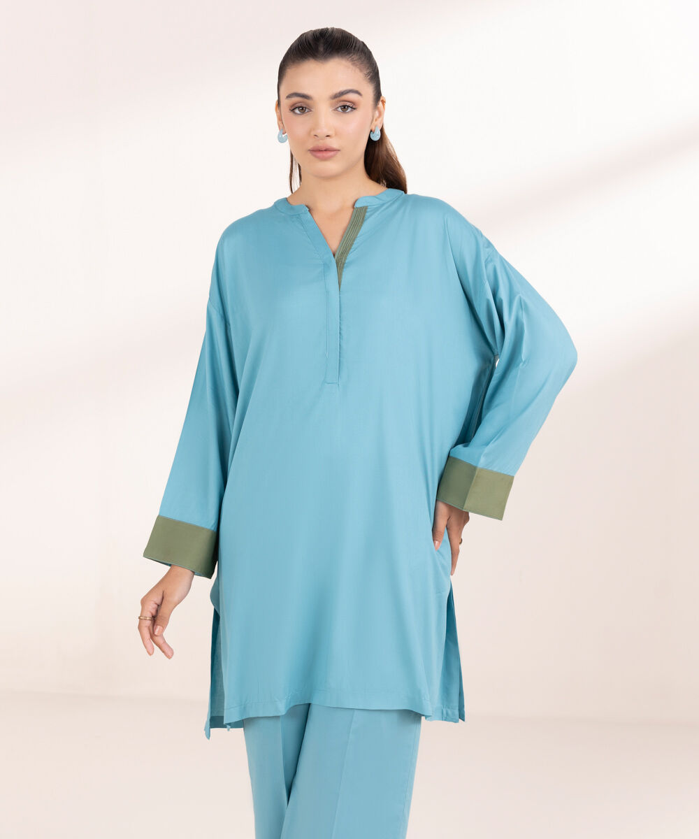 Woman - Blue Solid Arabic Lawn Shirt