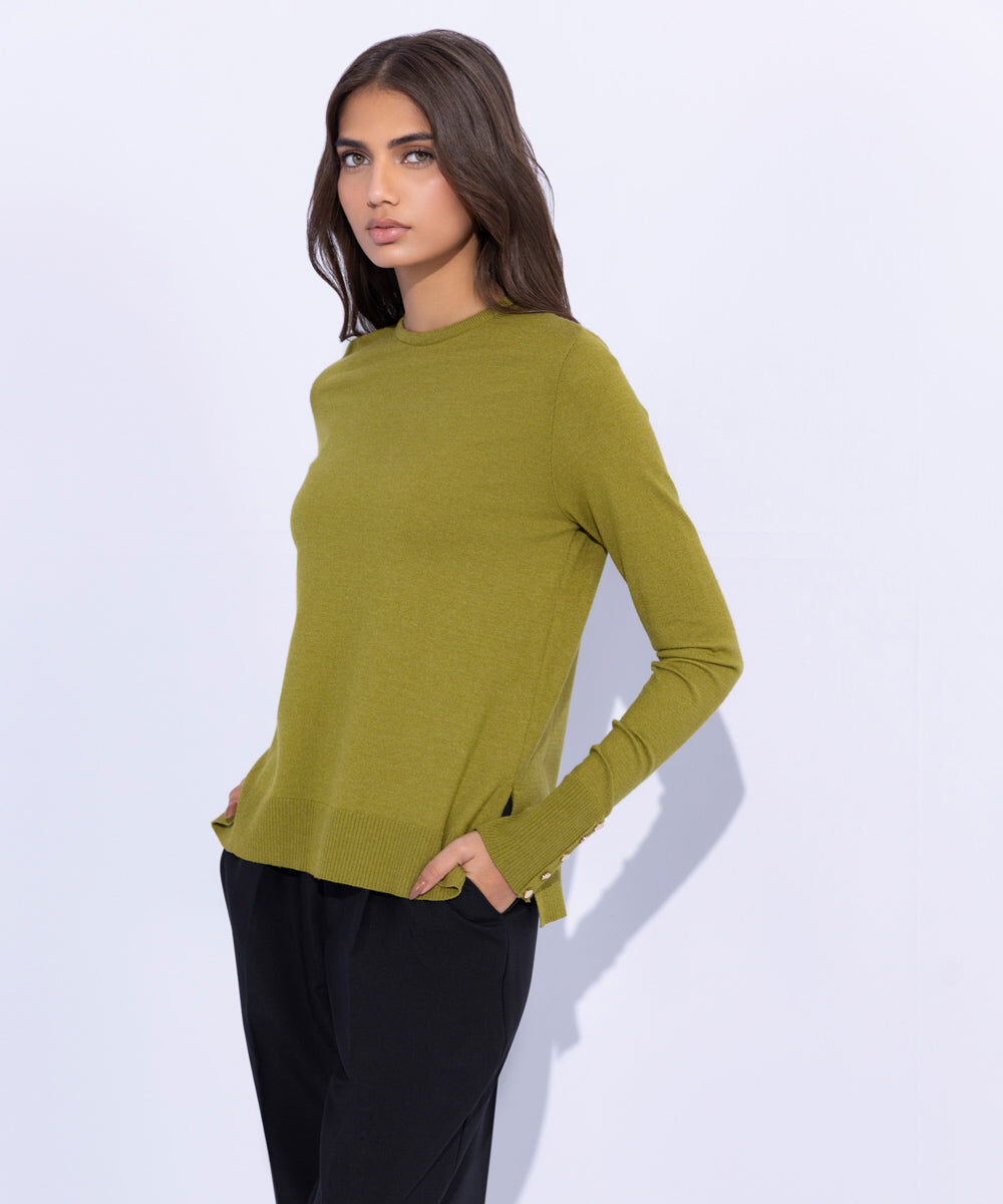 Woman - Green Lightweight Sweater with Gold Buttons