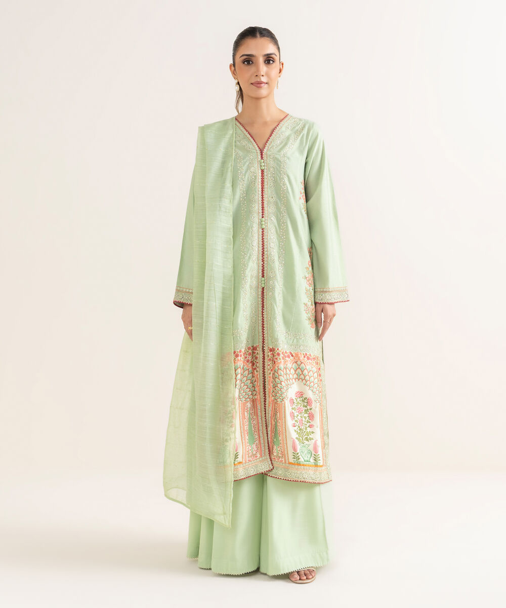 Women's RTW Silk Cotton Net Embroidered A-Line Green Shirt