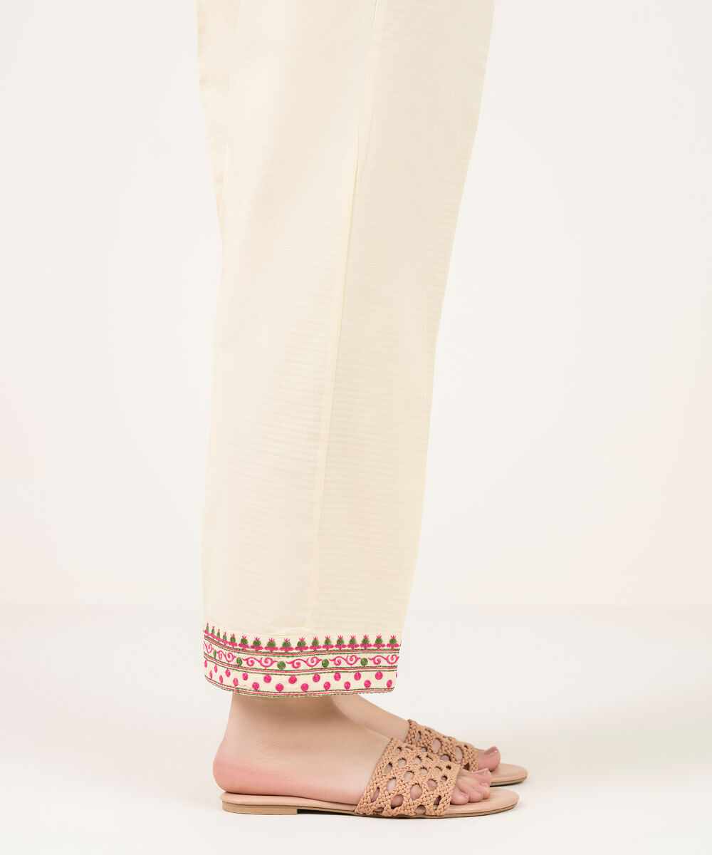 Women's RTW Dobby Embroidered Off White Straight Pants