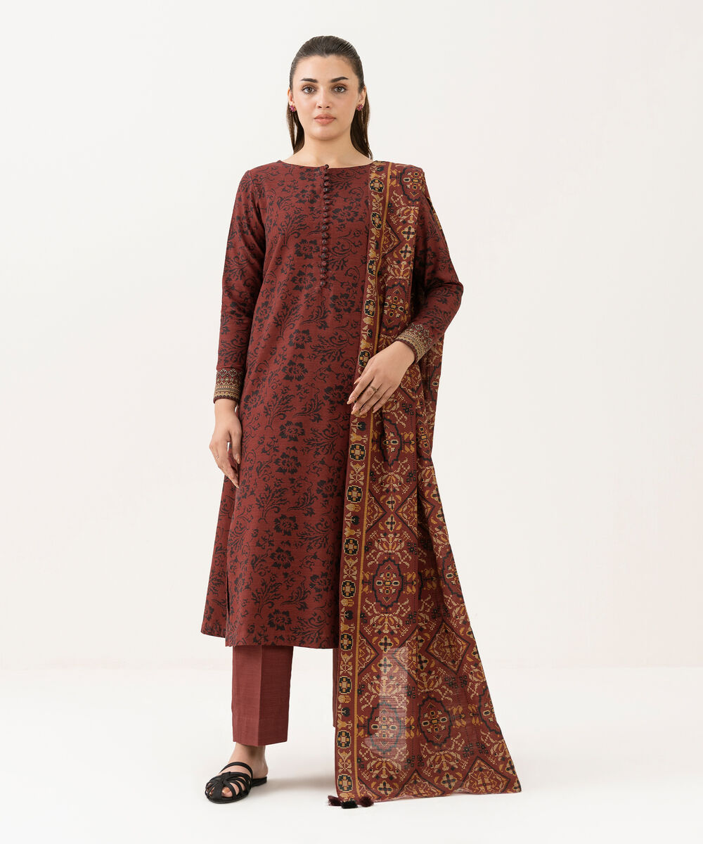 Women's Unstitched Khaddar Printed Red 3 Piece Suit