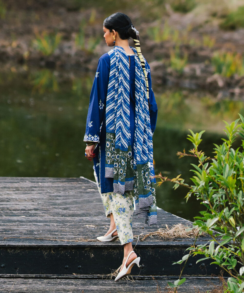 Women's RTW Dobby Embroidered Dark Blue 3 Piece Suit