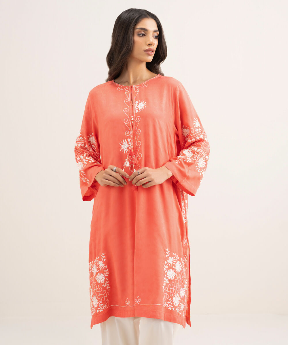 Women's RTW Arabic Self Jacquard Embroidered Orange Straight Shirt