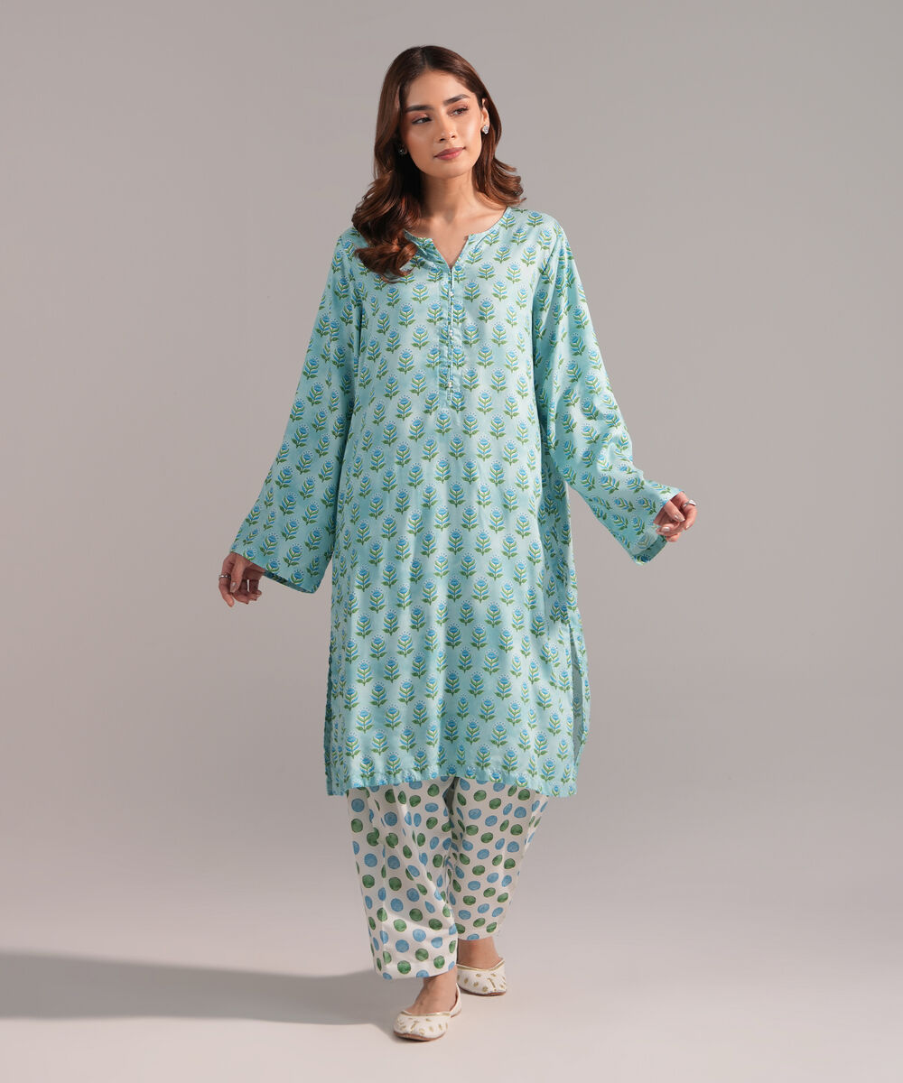 Women's RTW Arabic Lawn Printed Blue Straight Shirt
