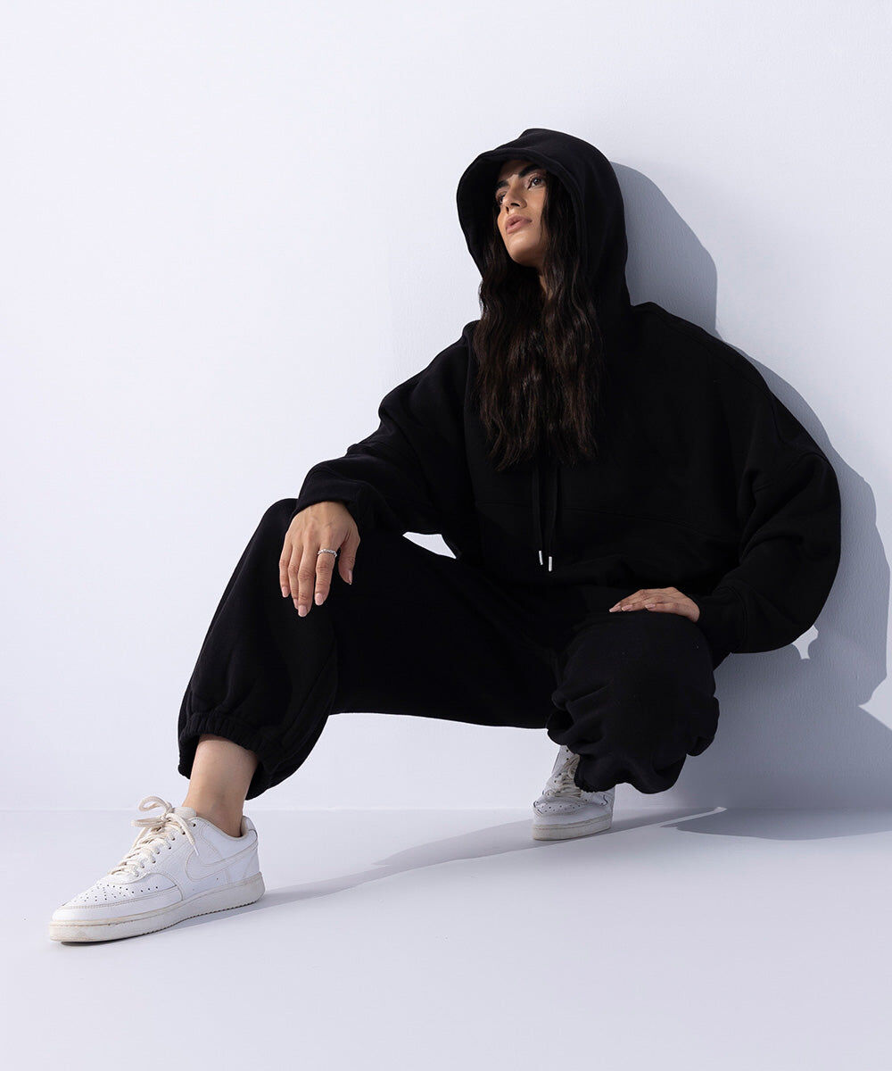 Woman - Black Fleece Hoodie with Waist Panel