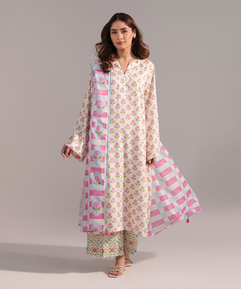 Lawn Printed White Dupatta