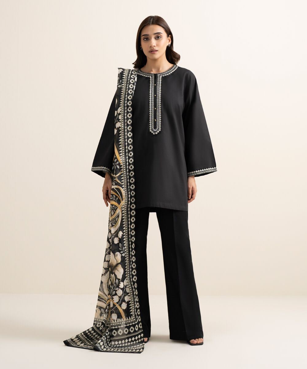 Women's RTW Cambric Embroidered Black Straight Shirt