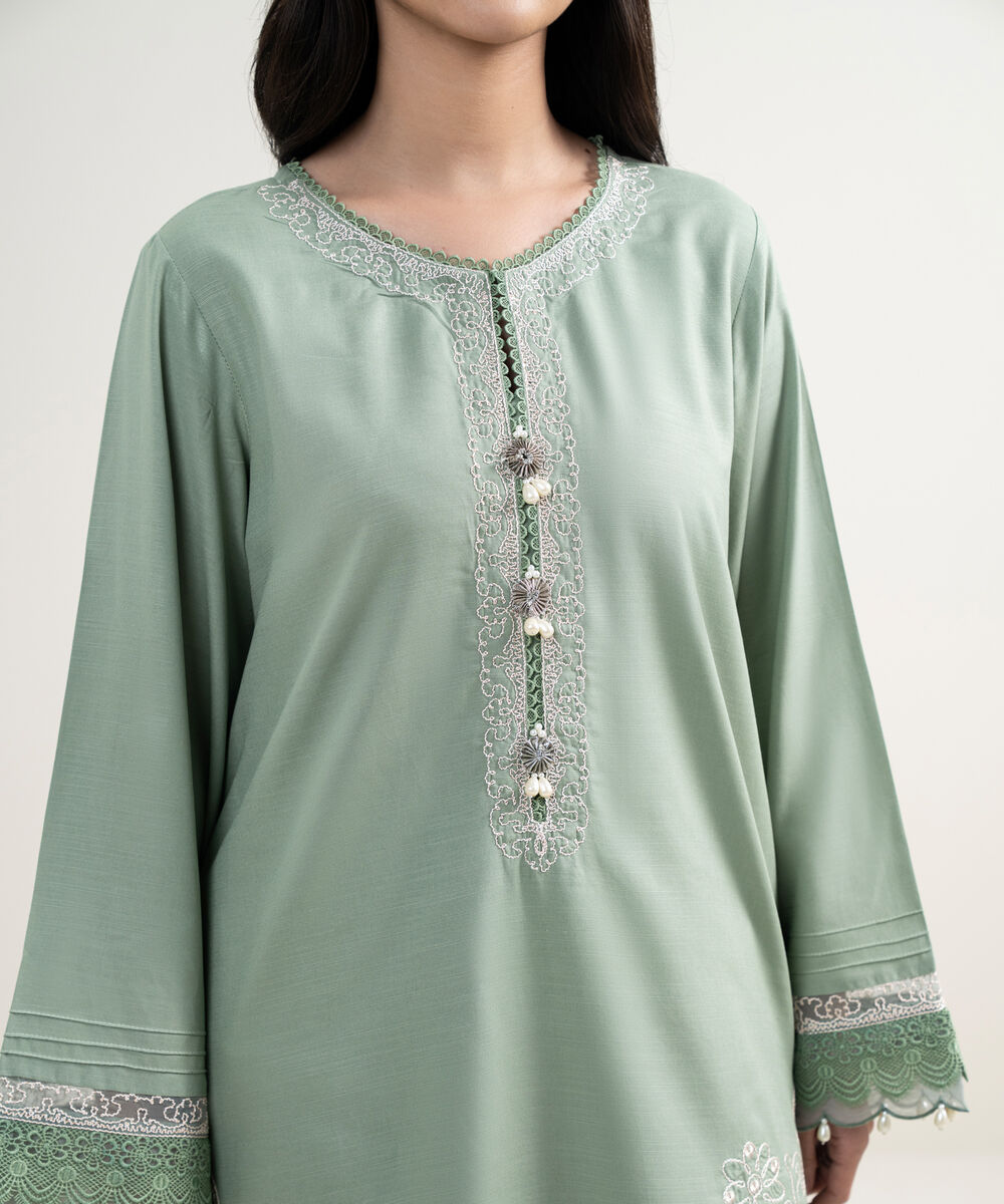 Women's RTW Raw Silk Viscose Embroidered Green 3 Piece Suit