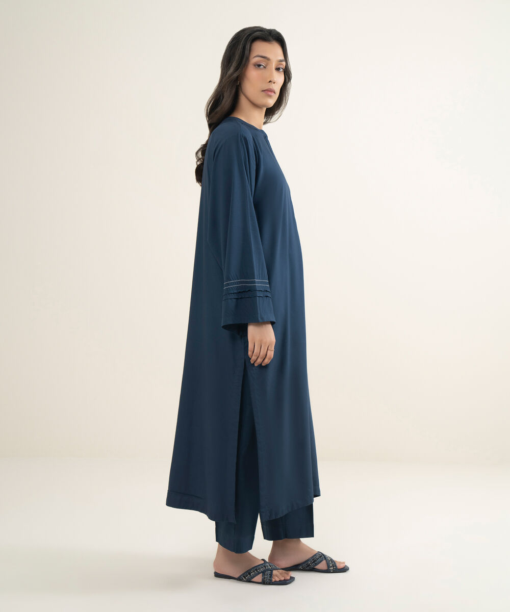 Women's RTW Arabic Lawn Solid Blue Straight Shirt