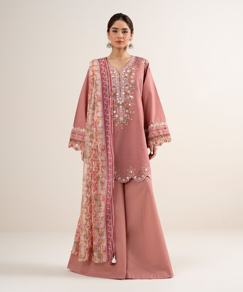 Women's Unstitched Lawn Embroidered Pink 3 Piece Suit