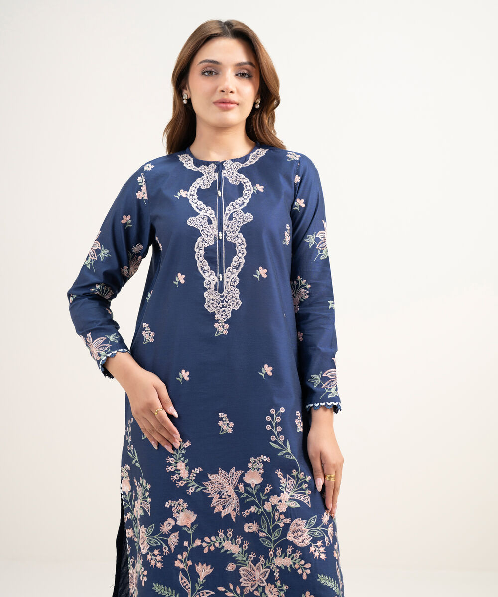 Women's RTW Silk Cotton Net Embroidered Dark Blue 2 Piece Suit