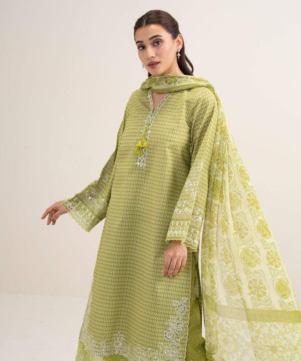 Women's Unstitched Lawn Embroidered Parrot Green 3 Piece Suit