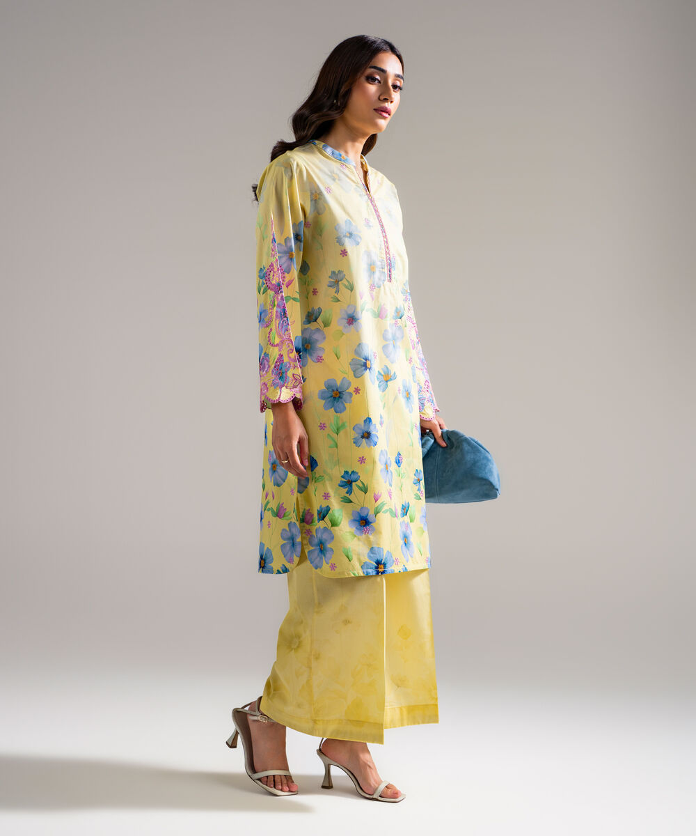 Women's RTW Lawn Embroidered Pale Yellow Straight Shirt