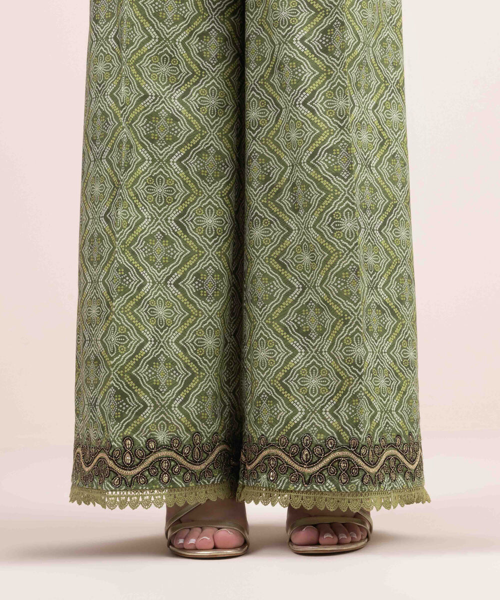 Woman - Green Embroidered Cambric Flared Pants