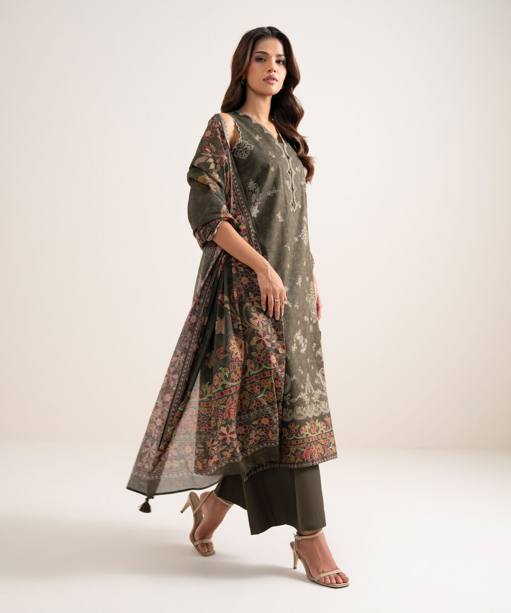 Women's Unstitched Printed Lawn Olive Green 3 Piece Suit