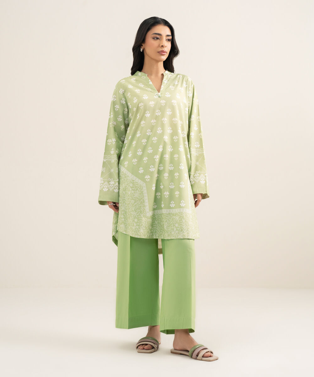 Women's RTW Cotton Viscose Printed Green Straight Shirt