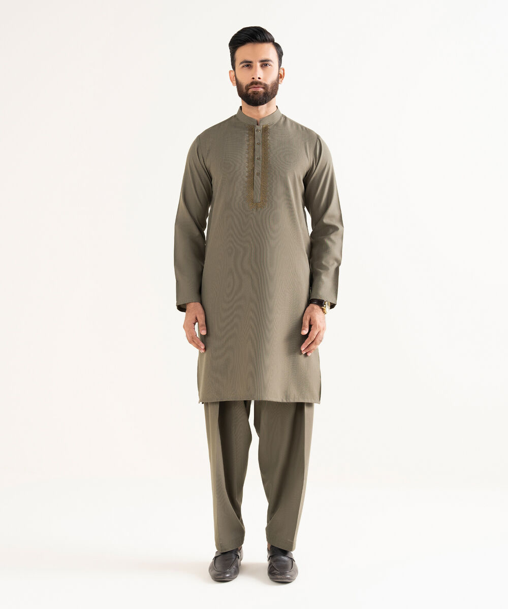 Men's Premium Wash And Wear Embroidered Olive Kurta Shalwar