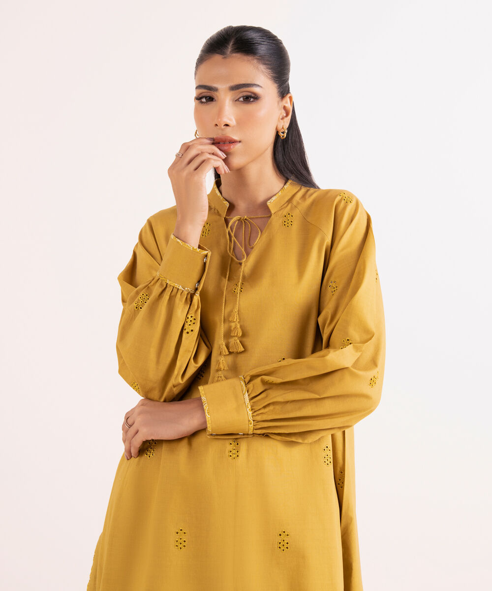 Women's Unstitched Textured Cotton Embroidered Yellow 2 Piece Suit