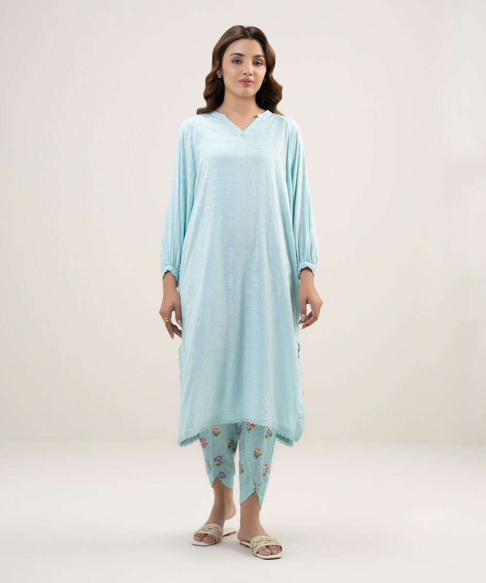 Women's RTW Arabic Self Jacquard Solid Blue Drop Shoulder Shirt