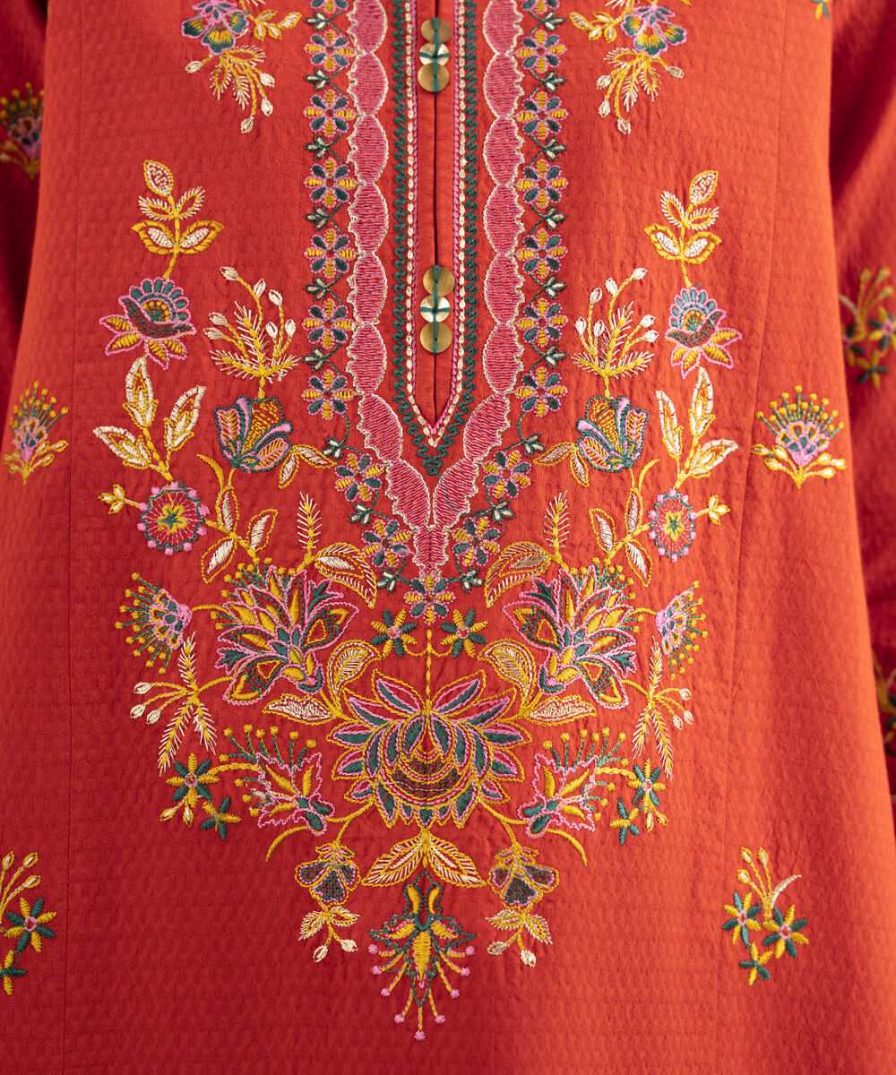 Women's Unstitched Dobby Embroidered Orange 3 Piece Suit