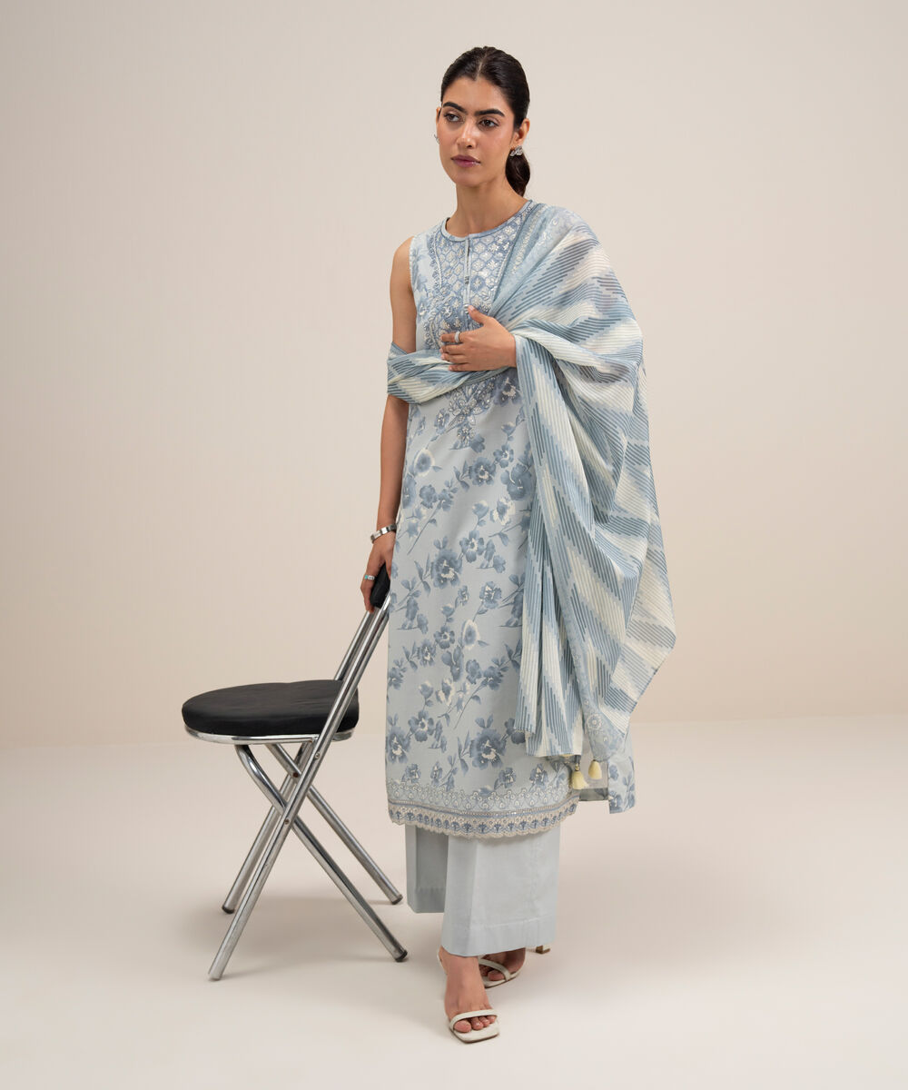 Women's Unstitched Lawn Embroidered Light Grey 3 Piece Suit