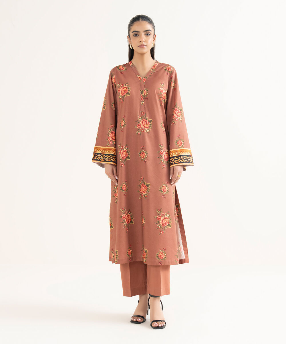 Women's RTW Cotton Viscose Printed Straight Brown Shirt