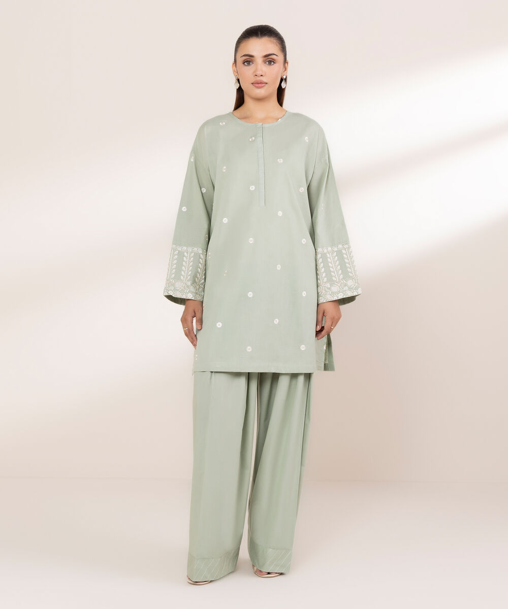 Women's RTW Textured Lawn Green Embroidered Boxy Shirt