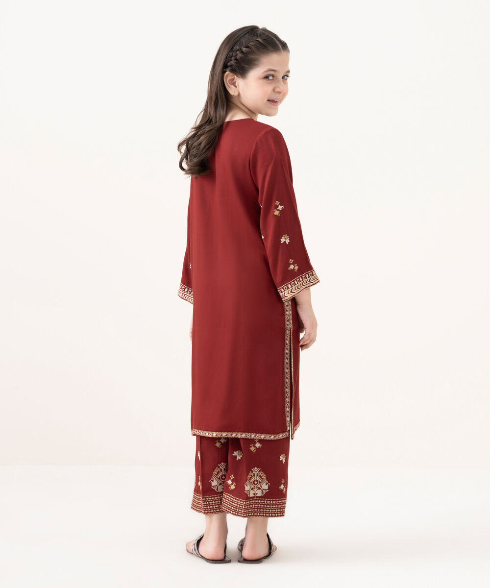 Girl's Bedford  Embroidered Maroon 2 Piece Suit