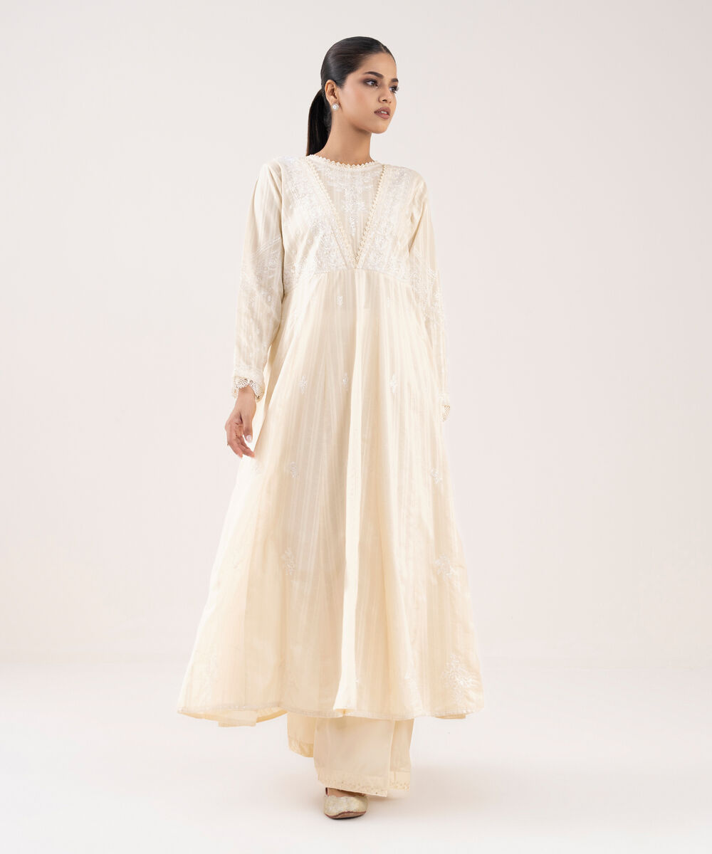 Women's RTW Textured Lawn Off White Embroidered Pishwas