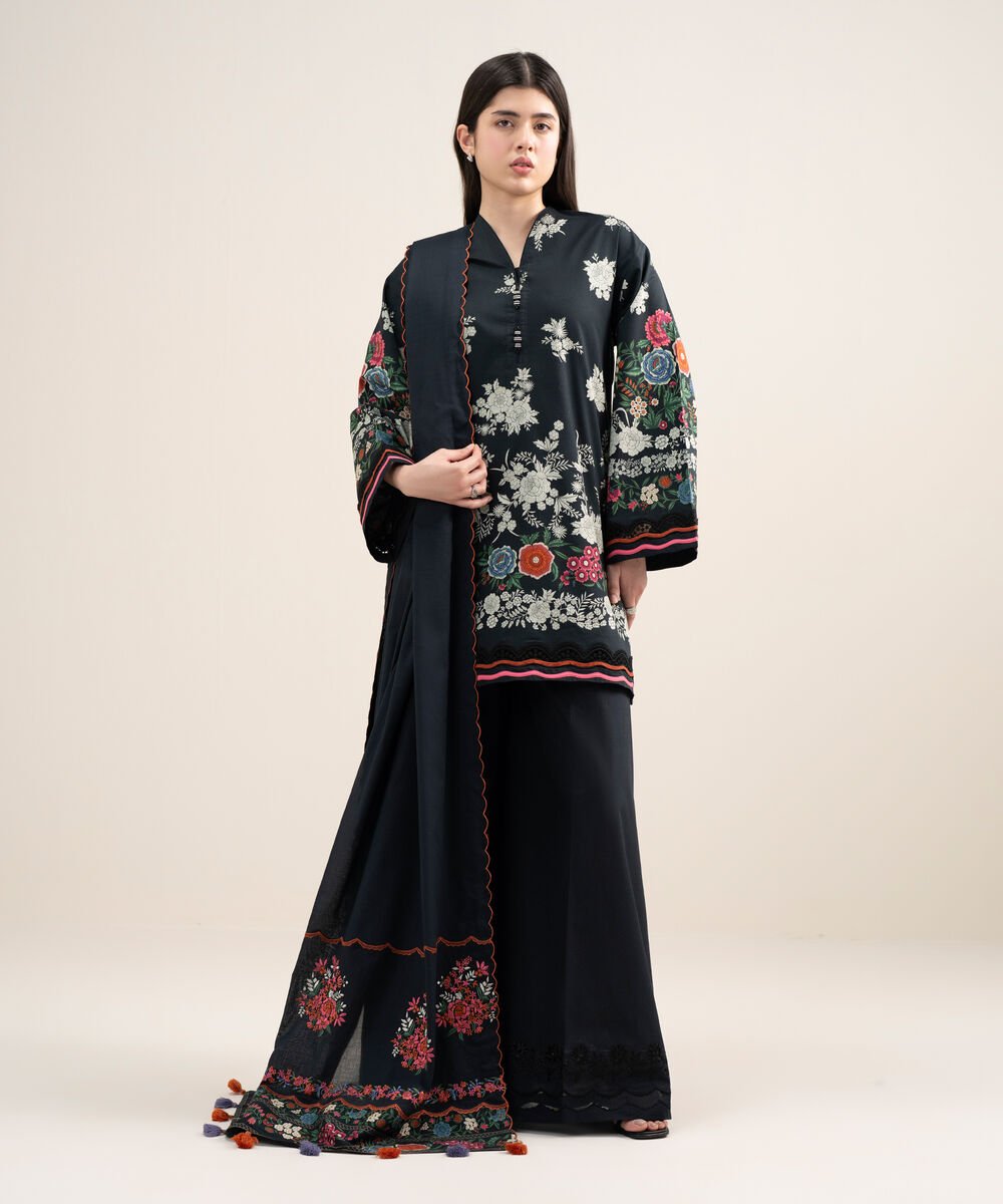 Women's Unstitched Lawn Embroidered Black  3 Piece Suit