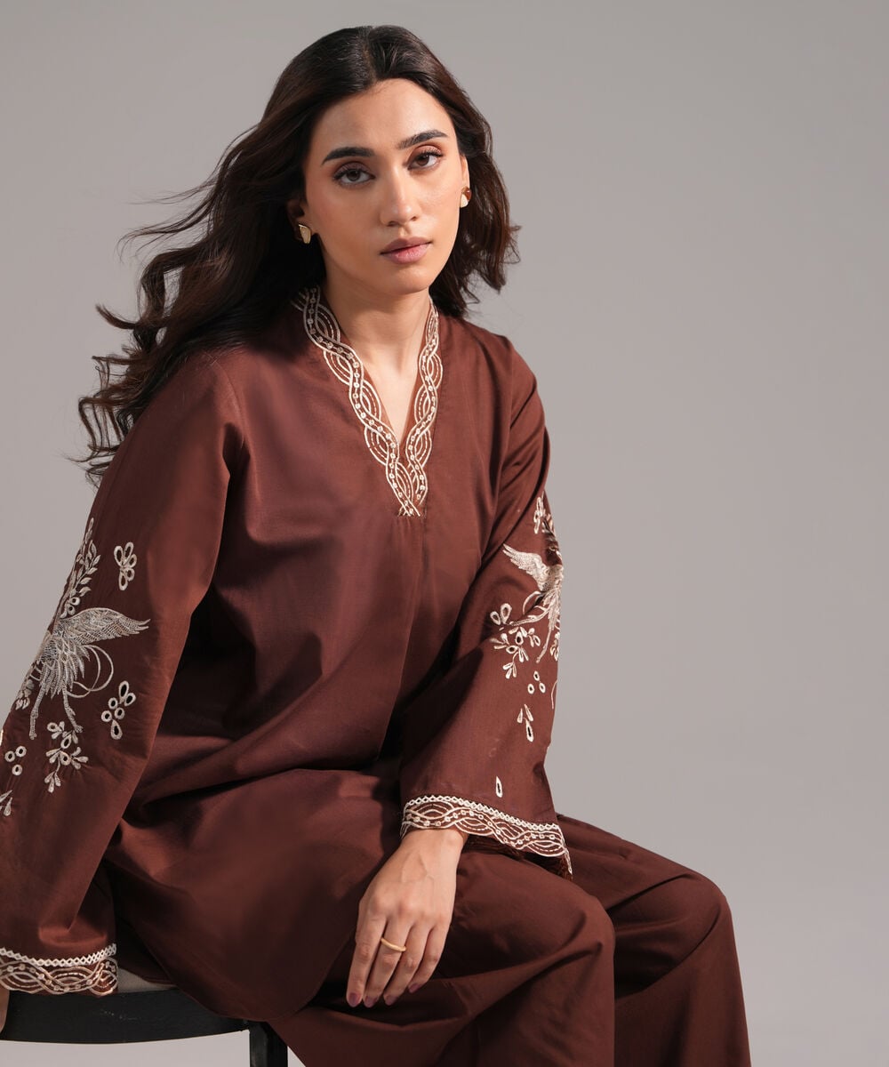 Women's RTW Crosshatch Embroidered Brown Straight Shirt