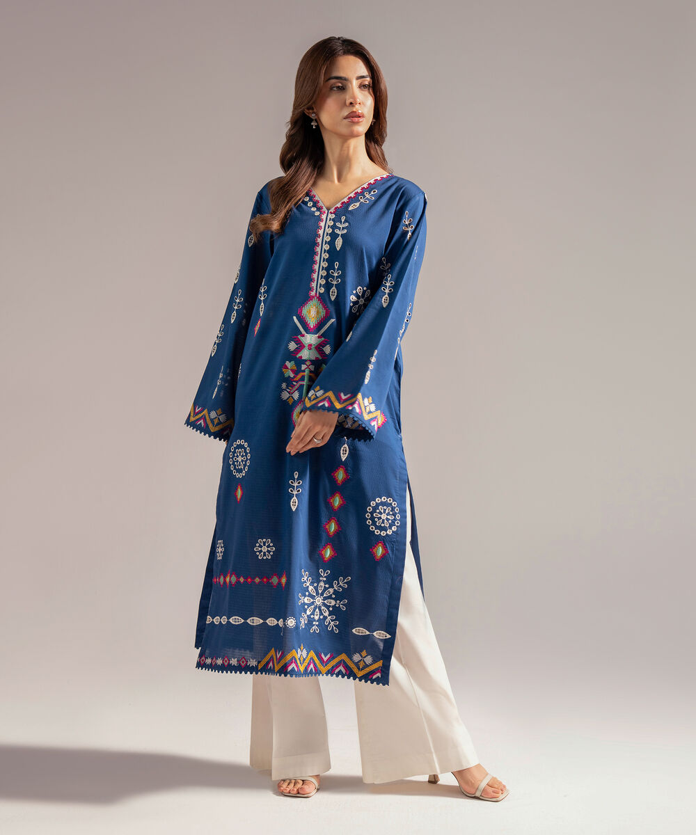 Women's RTW Dobby Embroidered Straight Blue Shirt