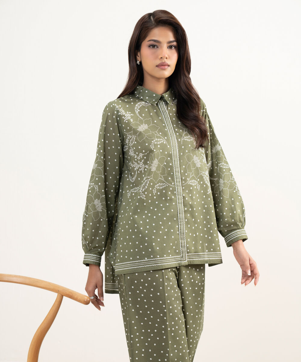 Women's RTW Lawn Printed Green Straight Shirt
