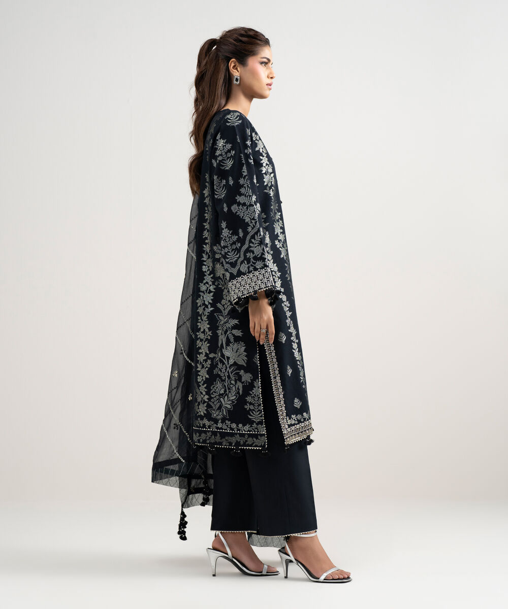 Women's Unstitched Extra Weft Jacquard Embroidered Black 3 Piece Suit
