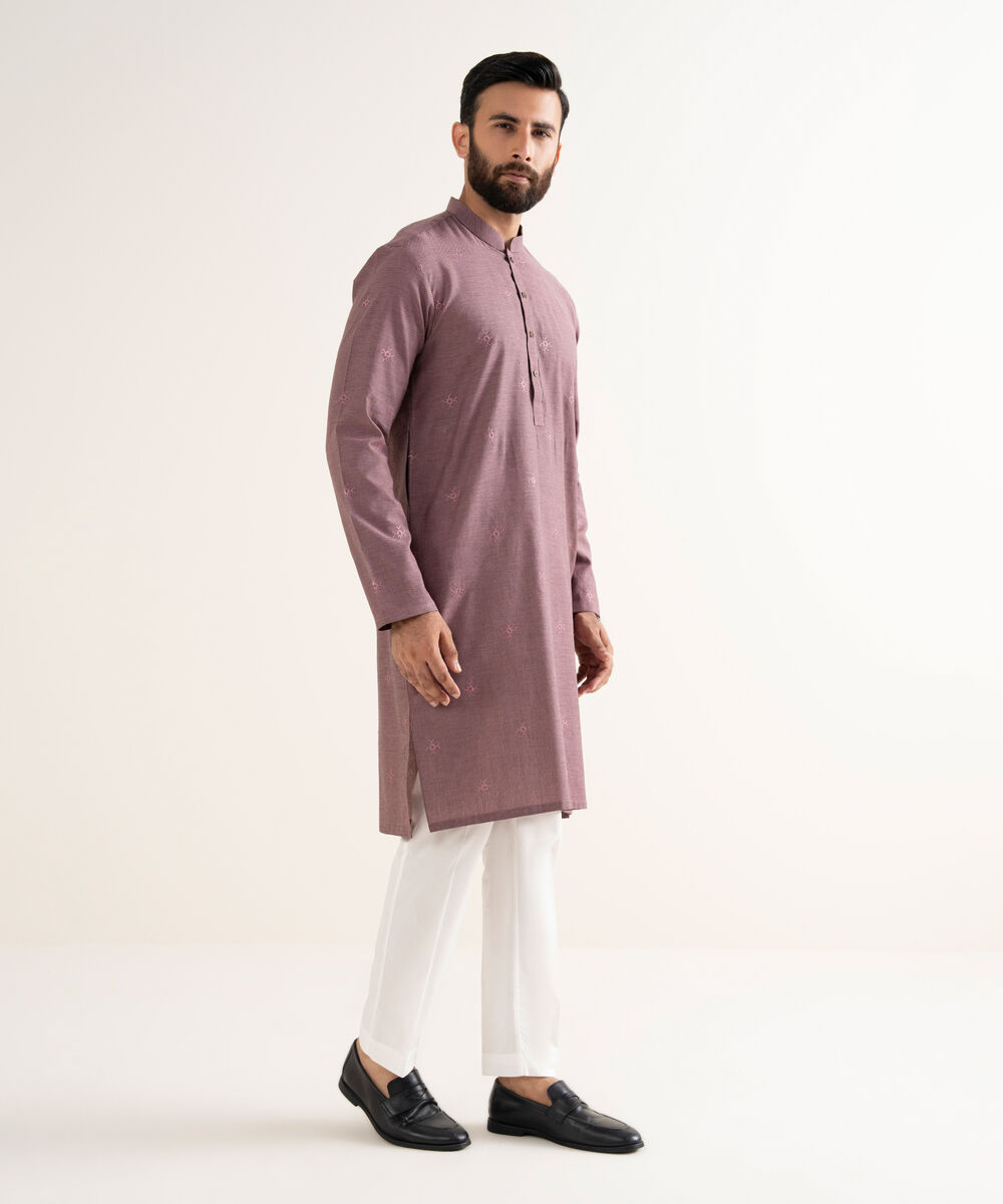 Men's Yarndyed Wash & Wear Embroidered Purple Kurta